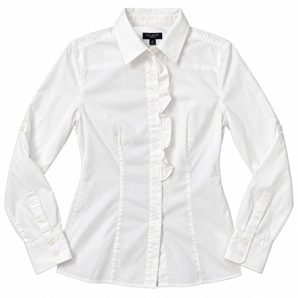 Talbots Petites Womens 2P White Ruffle Front Roll Tab Sleeve Button Down Shirt